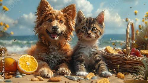 A dog and cat sharing a beach picnic with a basket of snacks and toys