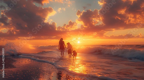 A dog and cat walking together along the edge of the surf at dawn