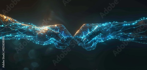 3D rendered hands fist bumping, blue glowing wires, dark background, symbolizing partnership and alliance, generative ai