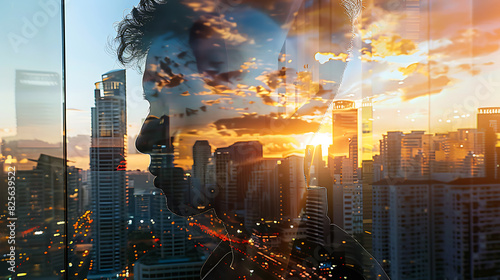 A double exposure combines the face of a man and the high-rise buildings of a large city at sunset. Panoramic view. Illustration for cover, card, interior design. Generative AI illustration 