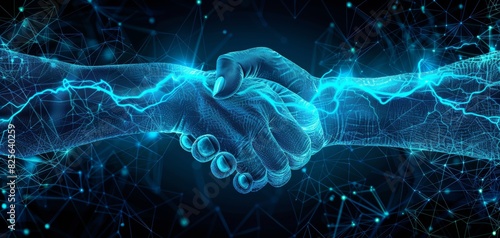 Blue neon hands in a fist bump, dark tech background, symbolizing modern unity and cooperation, generative ai