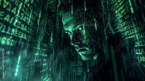Cybersecurity concept with man and digital code, Male figure illuminated by a matrix of green binary code, symbolizing data and cybersecurity