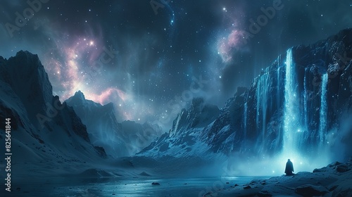 Scenic view of rocky mountains with waterfall near river under northern lights - Generative Ai
