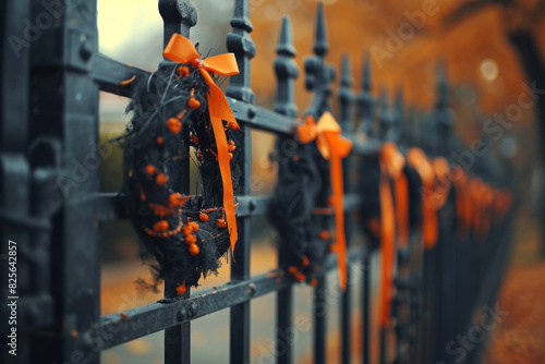 A spooky and festive Halloween-themed decoration on a fence featuring orange bows and black garlands.