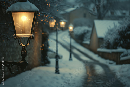 Old-world charm on a snowy evening: A glowing lamp post illuminates a quiet village street as snow gently falls