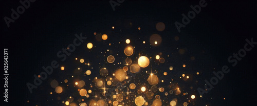 ゴールドの輝き粒子は、背景を抽象化します。ネイビー ブラックの背景にクリスマス黄金の光輝く粒子のボケ味。休日のコンセプト。抽象的な背景と金の粒子。 