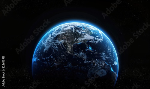 earth as seen from space, featuring a vast expanse of blue ocean, a lush green landscape, and a distant mountain range