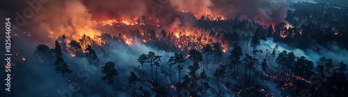 Aerial view of burning forest at night, top down view, long exposure time showing the flame and smoke on the horizon line, smoke in front of camera, smoke covering part of landscape, huge firestorm wi