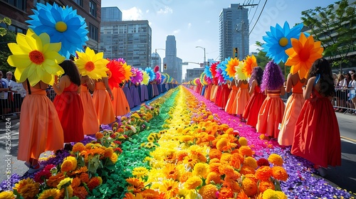 An LGBTQ pride parade float adorned with flowers and rainbow-colored decorations