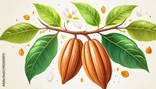 cacao cocoa hand drawn illustration of a branch with leaves fruit, drinks cafe healthy drawings