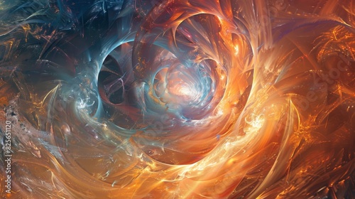 An abstract depiction of the strong force at work as swirling tendrils of energy emanate from a central point.