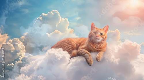 happy ginger cat sitting on a heavenly cloud, made with generative ai