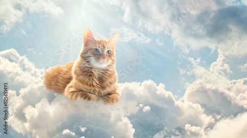 happy ginger cat sitting on a heavenly cloud, made with generative ai