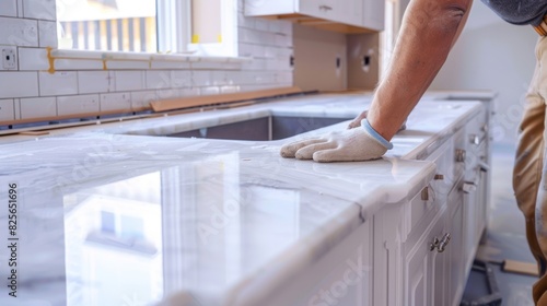 A worker installs kitchen cabinets and countertops completing the final stage of a beautifully designed kitchen.