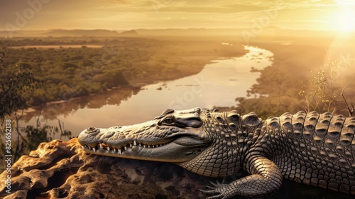 A crocodile is laying on a rock by a river