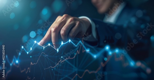 Stock market charts, numbers and orange upward lines, merchants touch their fingers on a virtual screen with a growth graph, arrows pointing upward to business growth, business success ideas