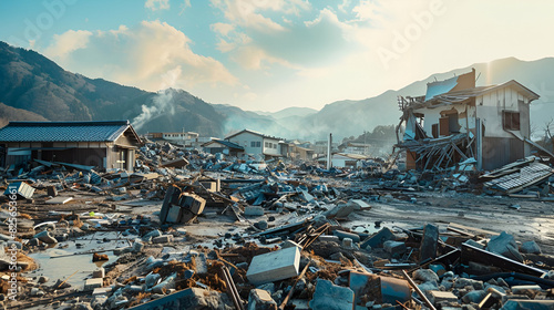 Aftermath of a devastating earthquake in a valley surrounded by mountains, intended for scientific publications and analytical materials on seismic activity. Concept: Aftermath of natural disasters