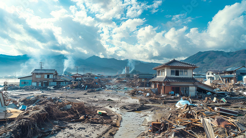 Destroyed city under a blue sky after a catastrophic earthquake, used in recovery and aid programs. Concept: Aftermath of natural disasters. For recovery and aid programs