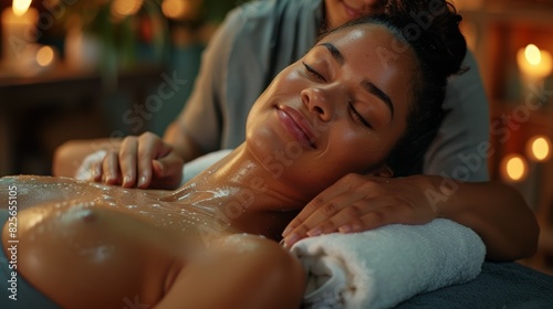 A woman is getting a massage and is smiling, massage and spa concept