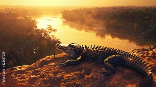 A large crocodile is laying on a rock by a river