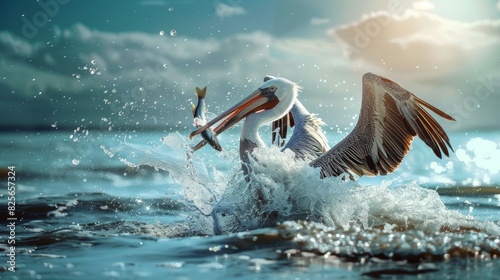 A pelican is in the water, catching a fish