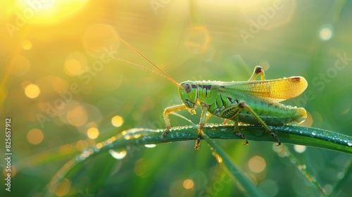 A green grasshopper is sitting on a wet leaf