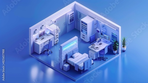 A blue room with a bed, desk, and chair, isometric style