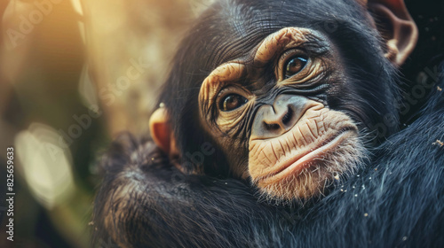 A close-up of a thoughtful chimpanzee resting its head on another, symbolizing contemplation, empathy, and deep connections. Ideal for campaigns focused on wildlife conservation, empathy, and animal 
