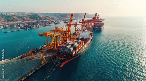Cargo Ship Docked at Port with Cranes Loading Containers Concept Global Logistics and Business Operations Comprehensive Banner.