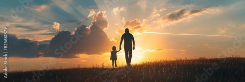 silhouette father with little daughter walk at sunset. father's day background concept