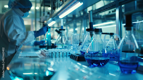 Laboratory with various scientific instruments and a scientist working