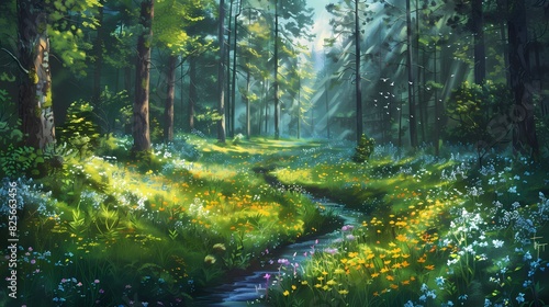 Visualize an aerial scene of a tranquil forest clearing, with sunlight filtering through tall trees onto a carpet of wildflowers and a meandering stream