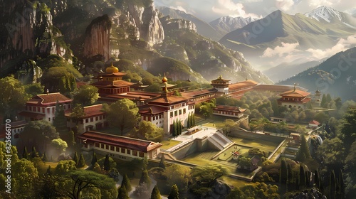 Visualize an overhead view of a serene monastery nestled in a mountainous landscape, with prayer halls, courtyards, and monks going about their daily routines