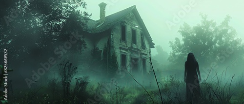 Vintage style of A mysterious figure stands in front of an old, abandoned house surrounded by overgrown vegetation and foggy atmosphere. The eerie ambiance adds to the horror mood as they face away fr