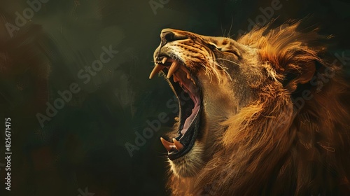 majestic lion roaring with fierce intensity powerful wildlife portrait on dark background digital painting