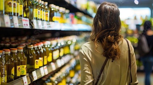mindful market selection customer contemplating quality olive oil options on store shelf abstract photo