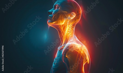 3d rendering of human shoulder pain with glowing aura on dark background, close up, medical concept for hospital or beauty clinic banner design, bright color scheme. , stock photo, ultra high definiti
