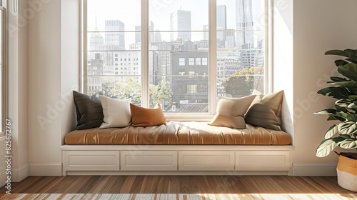 sleek modern bay window nook with plush builtin seating and sweeping city vistas 3d rendering