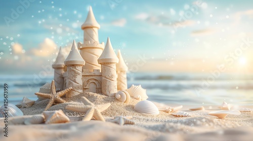 Sand castle with seashells and starfish on the beach background, summer vacation concept banner for travel company, copy space text ,a softly blurred sea in light blue background, ultra realistic phot