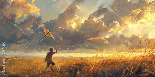 A boy is flying a kite in a field generated by AI