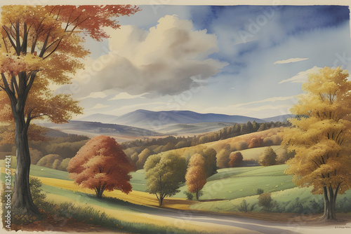 A vintage watercolor artwork showcasing a vibrant autumn sky, with rolling hills and colorful trees below. 