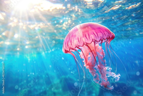 pink jellyfish dive on under water of sea