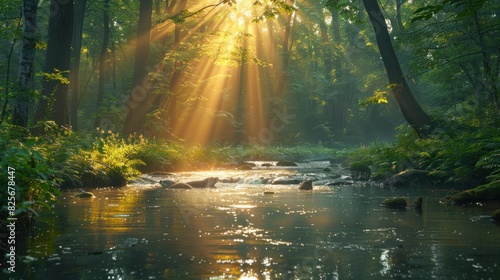 A beam of sunlight breaking through the forest canopy, highlighting a calm stream where otters splash and play