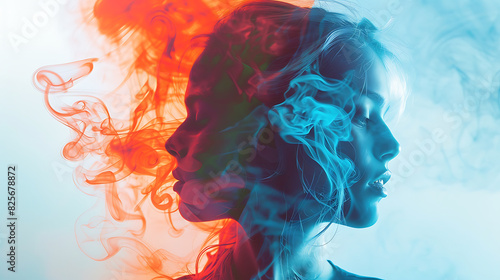 A dual-toned double exposure image capturing the paradoxical nature of a girl, one side serene in cool blue, the other fierce in fiery red. Generative AI illustration 