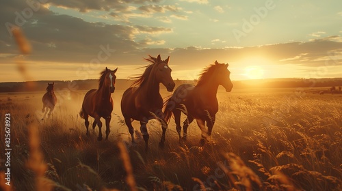 Horses Galloping at Sunset in Field. A group of horses galloping through a field at sunset, with golden light illuminating their manes and the surrounding grass.