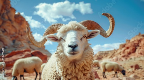 Portrait of a cute fluffy ram with horns in the desert against a blue sky. The background features red rocks and a sheep herd, captured with a wide angle lens in a realistic photographic style.