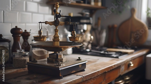 A vintage-style scale with brass weights, adding a touch of old-world charm to the kitchen countertop