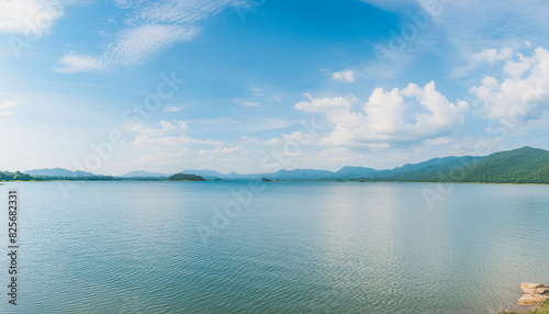 美しい山間の湖・湖畔の風景 湖面に反射する青空と雲と夏のイメージ アウトドア・夏休み・旅行・観光・バカンス・リラクゼーションのイメージ背景