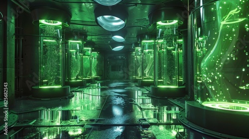 Gigantic vats of bubbling neon green liquid line the walls each one labeled with a different type of gluon glue.