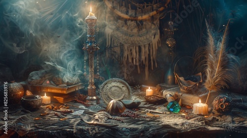 A spellbinding still life composition capturing the essence of shamanic magic and ritualistic practice. A ceremonial witchcraft staff, adorned with feathers, crystals, 